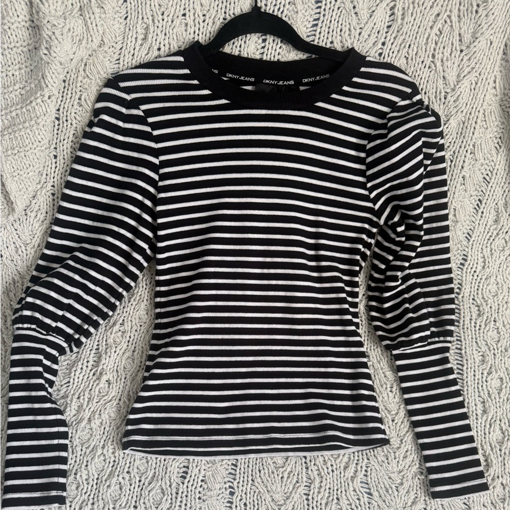 DKNY Black and White Striped Long Sleeve Top
